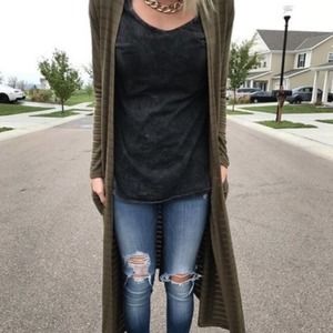 LuLaRoe | Green Striped Open Mid Length Cardigan w/ Pockets